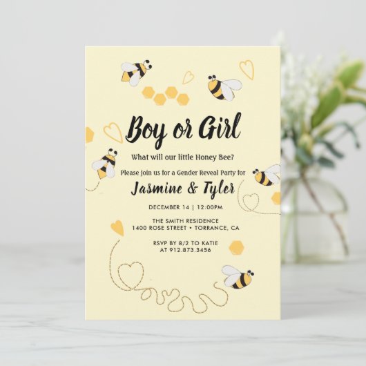 男の子または女の子イエロービーハニージェンダーのリビール 招待状 (スタンド正面)
