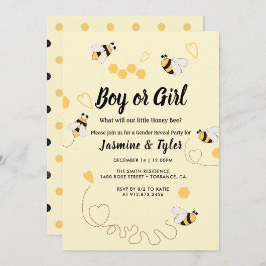 男の子または女の子イエロービーハニージェンダーのリビール 招待状 (正面/裏面)