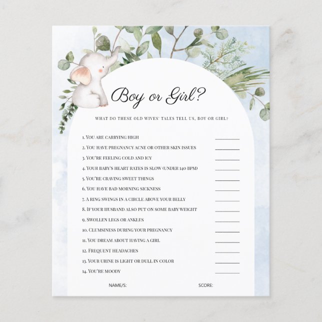 男の子または女の子エレファントブルーベビーシャワーゲーム (正面)