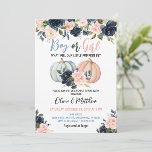 男の子または女の子カボチャ性別を表示パーティー 招待状 (スタンド正面)