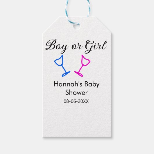 男の子または女の子シャワーピンクの青ガラスの名前の日付 ギフトタグ (正面)