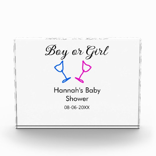 男の子または女の子シャワーピンクの青ガラスの名前の日付 フォトブロック (正面)