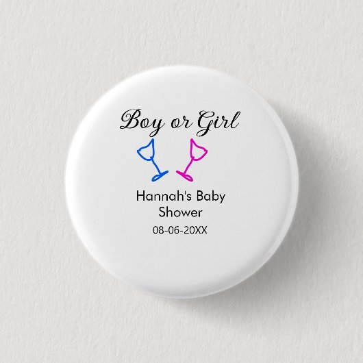 男の子または女の子シャワーピンクの青ガラスの名前の日付 缶バッジ (正面)