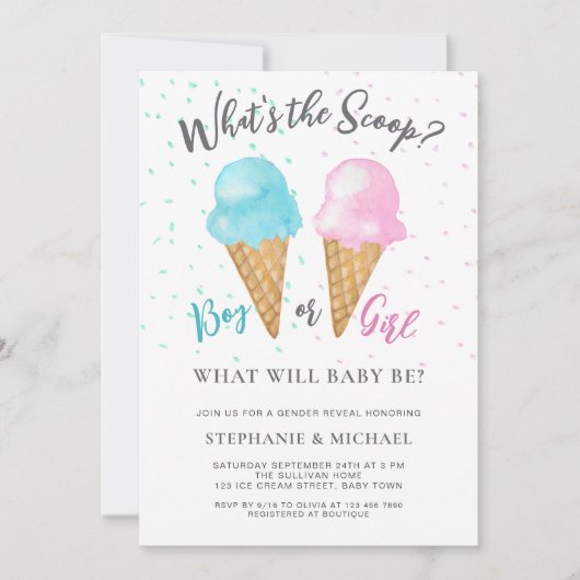 男の子または女の子スクープ性別リビールパーティー 招待状 (正面)