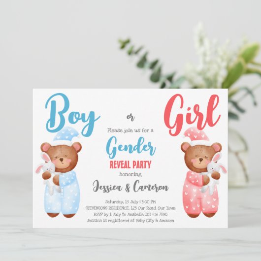 男の子または女の子テディベア性別リビール招待状 招待状 (スタンド正面)