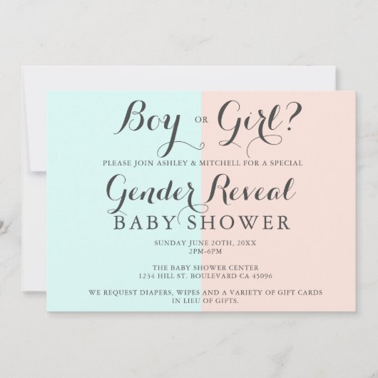 男の子または女の子ピンクの青の赤ちゃんシャワー性別を明らかにする 招待状 (正面)