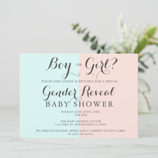 男の子または女の子ピンクの青の赤ちゃんシャワー性別を明らかにする 招待状 (スタンド正面)