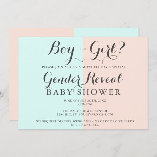 男の子または女の子ピンクの青の赤ちゃんシャワー性別を明らかにする 招待状 (正面/裏面)