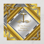 男の子または女の子ファースト聖餐式金ゴールドシルバー3 招待状 (正面/裏面)