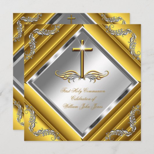 男の子または女の子ファースト聖餐式金ゴールドシルバー3 招待状 (正面/裏面)