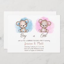 男の子または女の子ベアージェンダーのリビールパーティの招待状