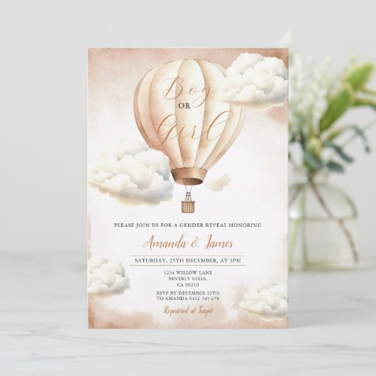 男の子または女の子ベージュホットエアバルーン性別の表示 招待状 (スタンド正面)
