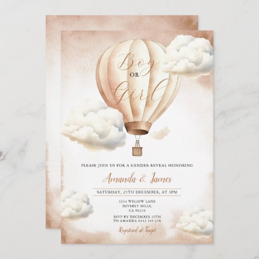 男の子または女の子ベージュホットエアバルーン性別の表示 招待状 (正面/裏面)