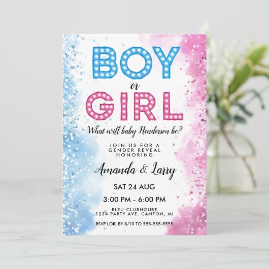 男の子または女の子マーキーライト性別の表示 招待状 (スタンド正面)