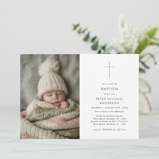 男の子または女の子白黒バプテスマ《キリスト教》洗礼式や命名式写真 招待状 (スタンド正面)