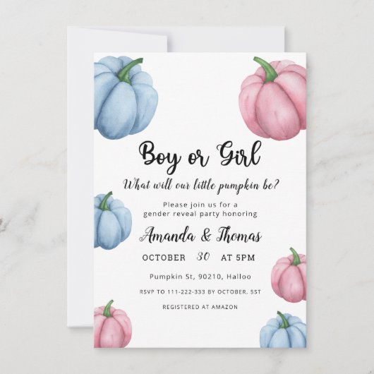 男の子または女の子 – パンプキンパーティー – 性別の表示 招待状 (正面)