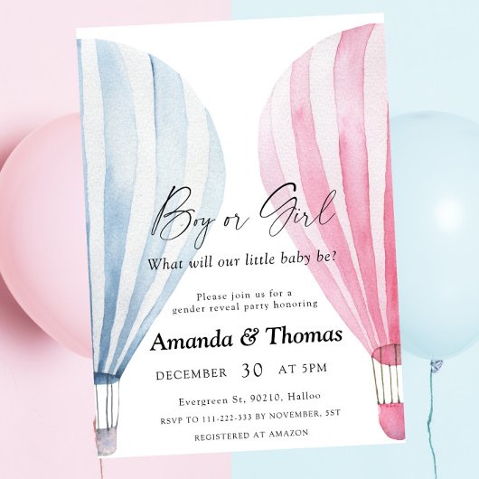 男の子または女の子 – 熱気球 – 性別の表示 招待状