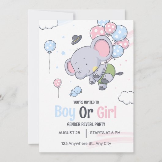 男の子や女の子の可愛い象の性別を明かす 招待状 (正面)