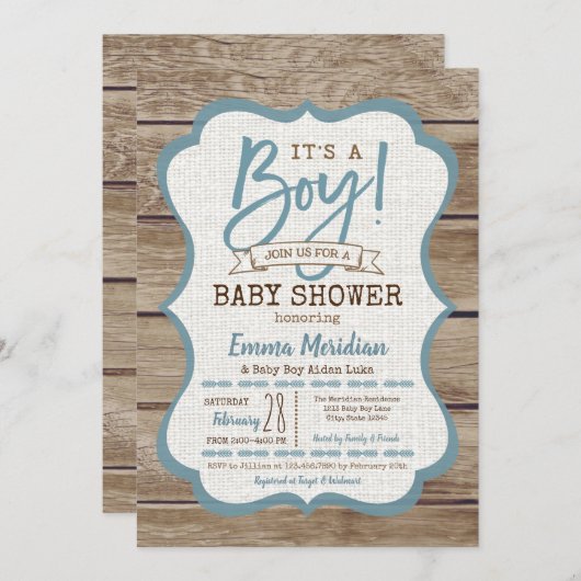 男の子よ!ウッ素朴ドベビーシャワー招待状 招待状 (正面/裏面)