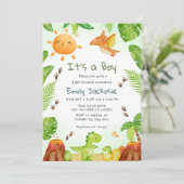 男の子よ 水彩 恐竜 緑の植物 男の子 赤ちゃん 招待状 (スタンド正面)