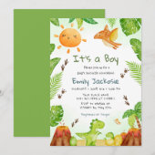 男の子よ 水彩 恐竜 緑の植物 男の子 赤ちゃん 招待状 (正面/裏面)