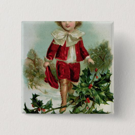 男の子を描写するビクトリアンなクリスマスの郵便はがき 缶バッジ (正面)
