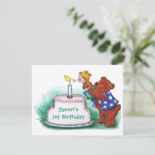 男の子を握っている最初誕生日のパーティの招待状くま 招待状 (スタンド正面)