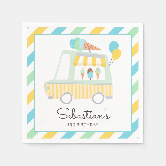 男の子アイスクリームトラック誕生日パーティーの装飾 スタンダードカクテルナプキン (正面)