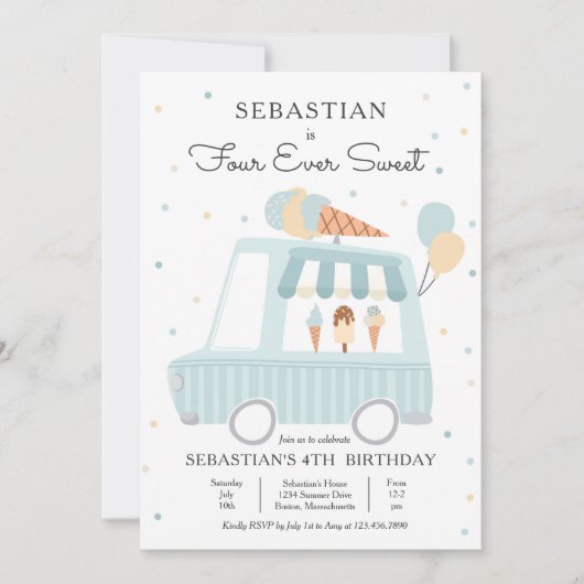 男の子アイスクリームトラック4回の甘い4th誕生日 招待状 (正面)