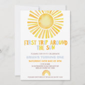 男の子オレンジのまわりにの最初の旅の日1の誕生日 招待状 (正面)