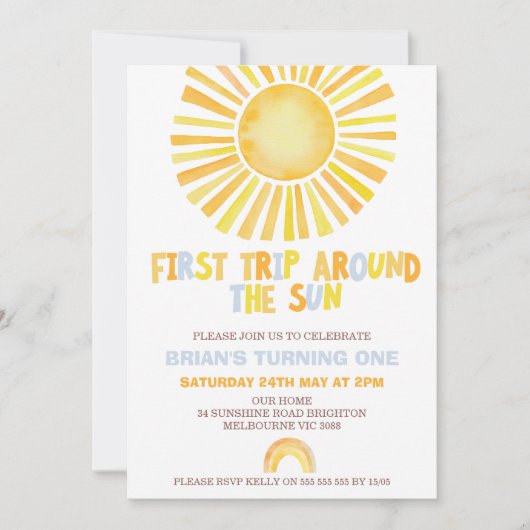 男の子オレンジのまわりにの最初の旅の日1の誕生日 招待状 (正面)