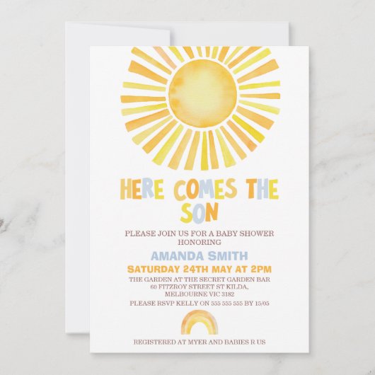 男の子オレンジのまわりに初の日赤ちゃんシャワー 招待状 (正面)