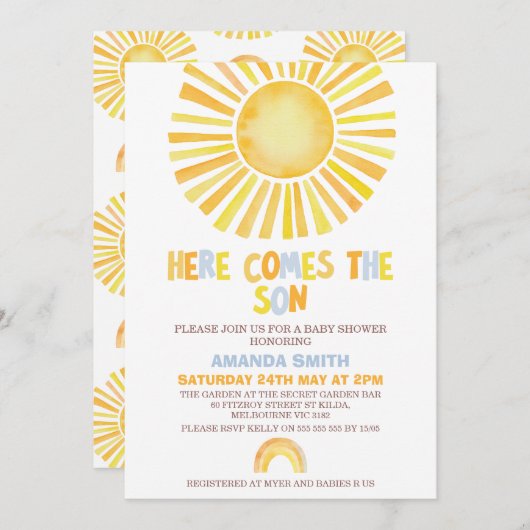 男の子オレンジのまわりに初の日赤ちゃんシャワー 招待状 (正面/裏面)