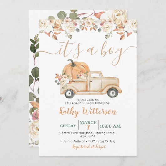 男の子カボチャのトラックのフローラ素朴の赤ちゃんシャワー 招待状 (正面/裏面)