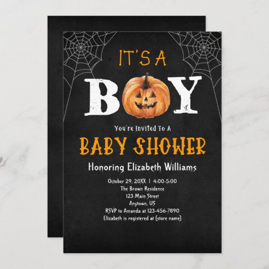 男の子カボチャのハロウィーンの赤ちゃんシャワー 招待状 (正面/裏面)