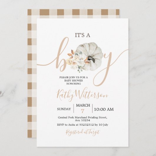 男の子カボチャのフローラの素朴赤ちゃんシャワー 招待状 (正面/裏面)