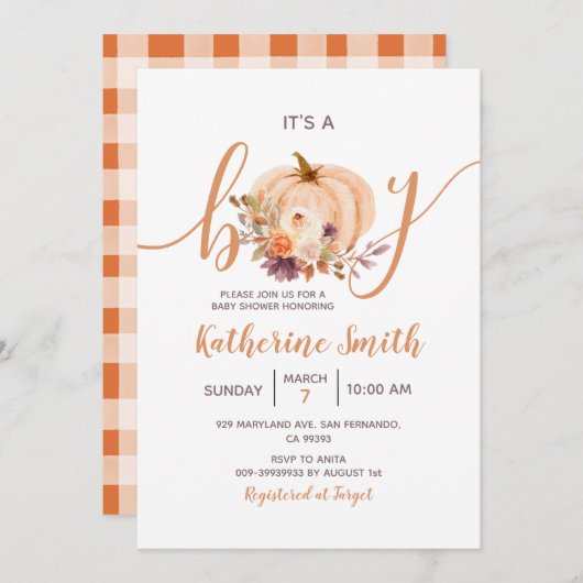 男の子カボチャのフローラの素朴赤ちゃんシャワー 招待状 (正面/裏面)