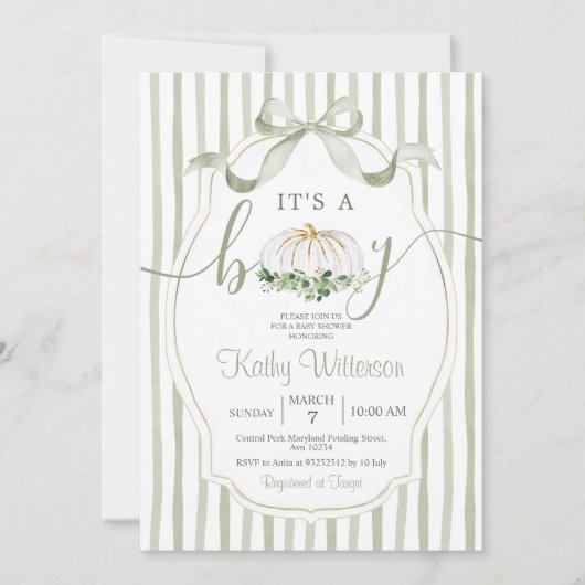 男の子カボチャの埃っぽい緑の赤ちゃんシャワー 招待状 (正面)
