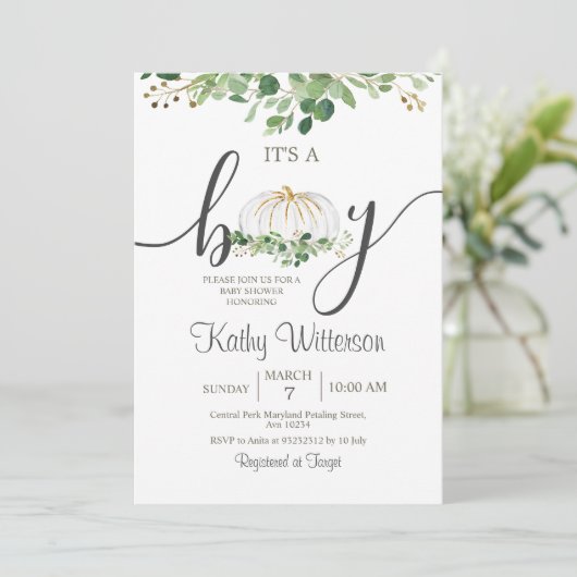 男の子カボチャの緑のフローラベビーシャワー 招待状 (スタンド正面)