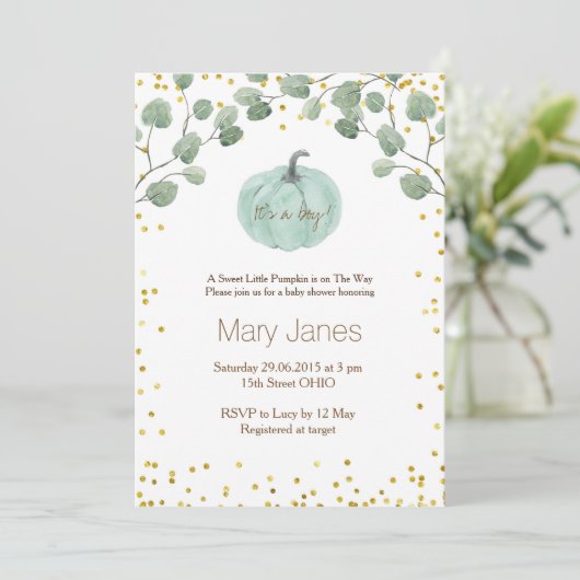男の子カボチャの赤ちゃんシャワーの水色だ 招待状 (スタンド正面)