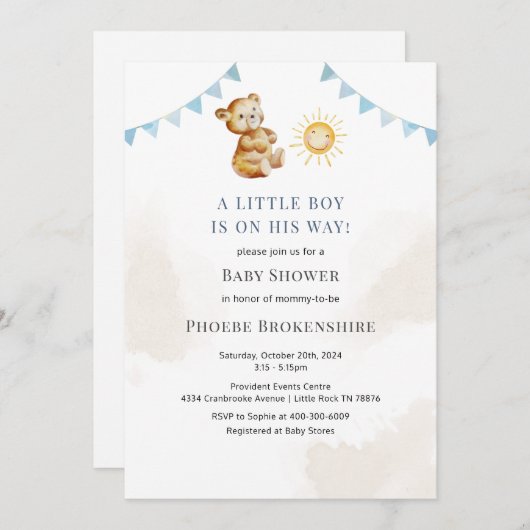 男の子クマとサンシャインウォーター色ベビーシャワー 招待状 (正面/裏面)
