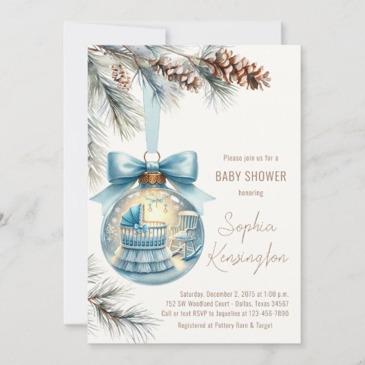 男の子クリスマスオーナメント冬の赤ちゃんシャワー 招待状 (正面)