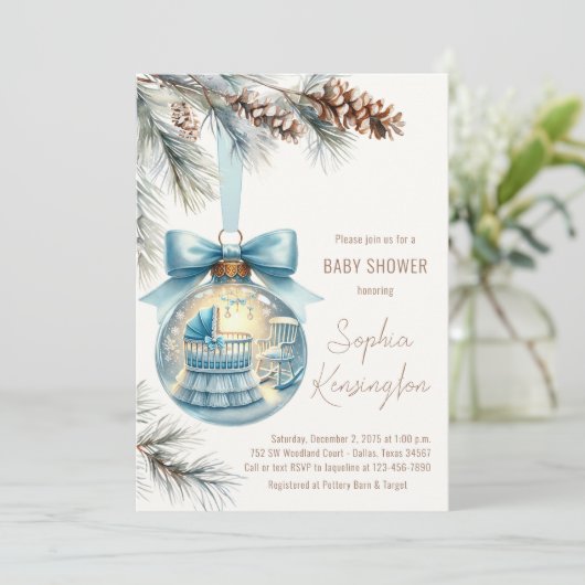 男の子クリスマスオーナメント冬の赤ちゃんシャワー 招待状 (スタンド正面)