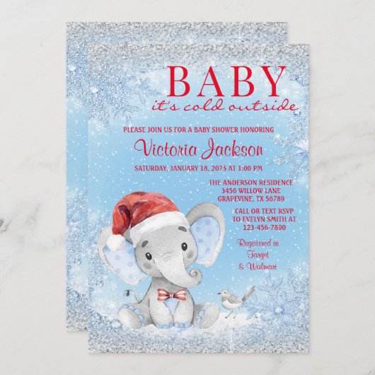 男の子クリスマスゾウの赤ちゃんシャワー 招待状 (正面/裏面)