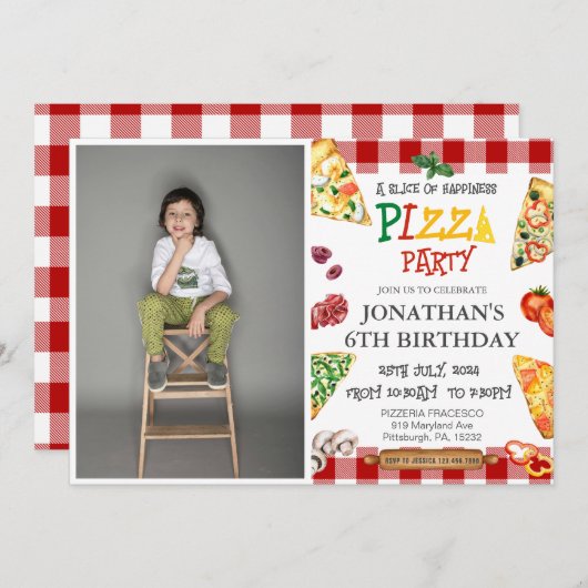 男の子クールかわいいピザ誕生日パーティー 招待状 (正面/裏面)