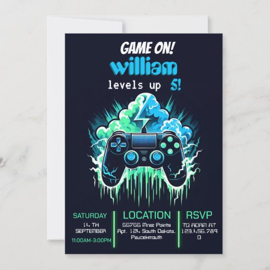 男の子クールのゲームのレベル上げ5誕生日 招待状 (正面)