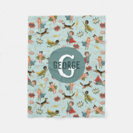 男の子クールスーパーヒーローパターンモノグラム名子供 フリースブランケット