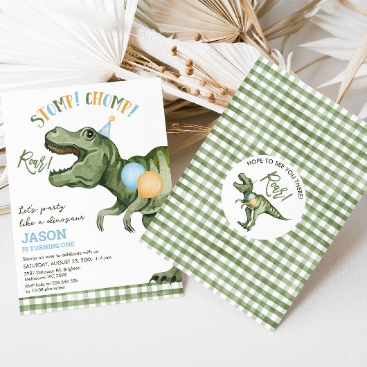 男の子グリーンストンプチョンプロア恐竜1番目の誕生日 招待状