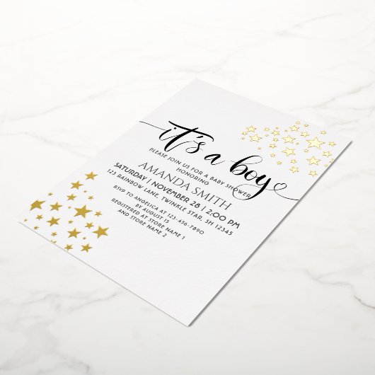 男の子ゴールデンスターズの赤ちゃんシャワー 箔招待状 (回転した状態)