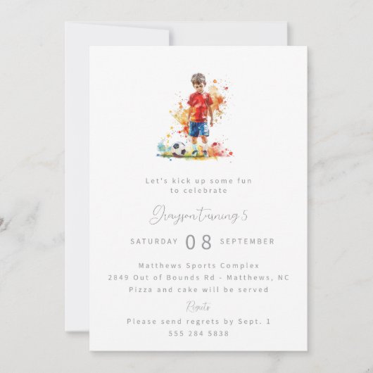 男の子サッカー誕生日パーティーの招待 – 水色 招待状 (正面)
